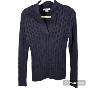 Liz Claiborne 100% Cotton Long-Sleeve Split-Neck Navy Cable Sweater Women's M